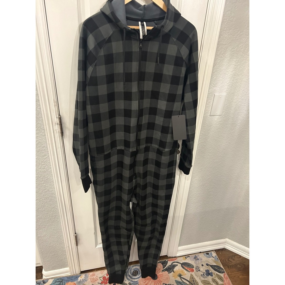Fabletics Hooded Onesie Black Grey Buffalo Plaid Fleece Loungewear Pajamas M